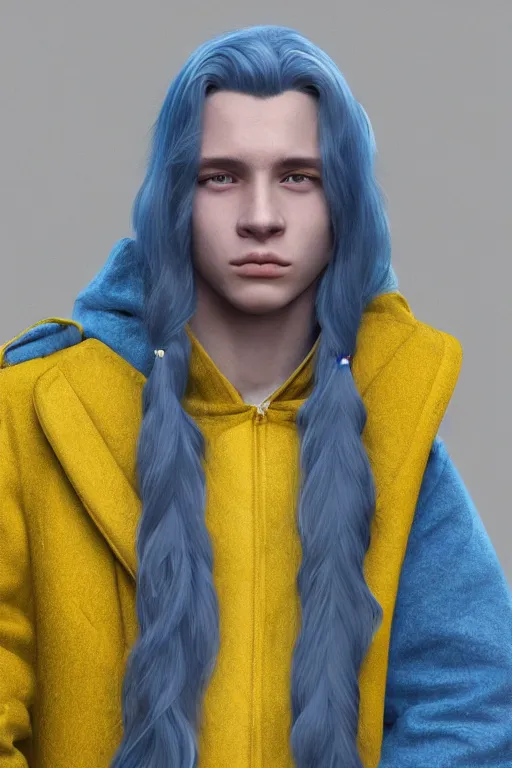 Image similar to a male teenager with long blue hair and yellow eyes wearing a winter overcoat, hyperrealistic, concept art, octane render, unreal engine 5, trending on artstation, high quality, 8 k, highly detailed, digital art, anatomically correct, symmetrical, realistic and defined face, profile picture, high coherence, path traced, beautiful, elegant clothes