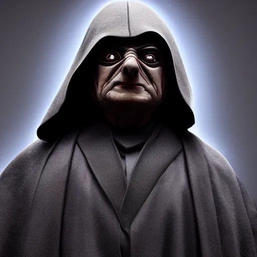 Image similar to mr. bean is darth sidious in star wars, 4 k, studio portrait, photography, cinematic lighting, highly detailed