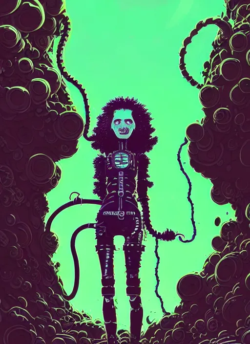 Image similar to highly detailed portrait of a lonely wasteland punk long dripping curly brown nuclear hair tribal lady, stray green slime hoses by atey ghailan, james gilleard, by joe fenton, by greg rutkowski, by greg tocchini, by kaethe butcher, 4 k resolution, gradient purple, brown black and white color scheme!!! ( ( green flaming robotic sewer background ) )