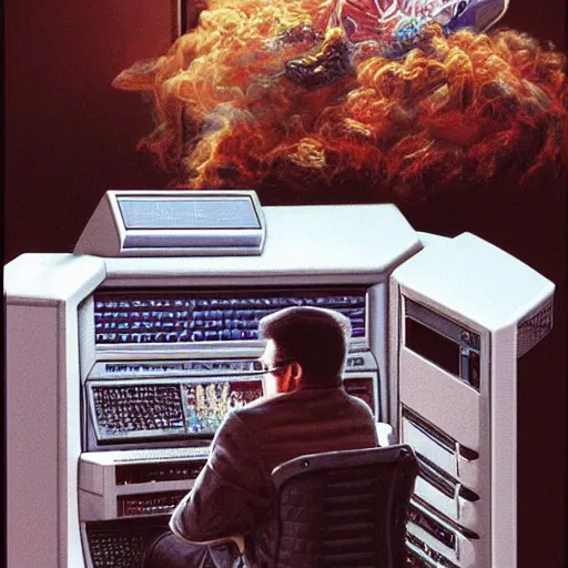 Image similar to man sitting in front of retro 80s computer smoking a cigarette, camera behind, art by Donato Giancola and James Gurney, digital art, trending on artstation