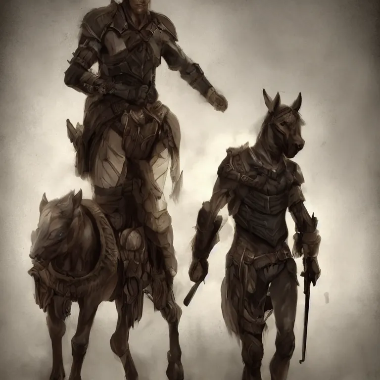 Prompt: the pure male half - centaur armorer haunted by dark memories. his wardrobe is utilitarian. he appears human - yet his shadow is always that of his non - human parent's species. trending on artstation deviantart pinterest photorealistic hd 8 k highlights and shadow detailed high resolution