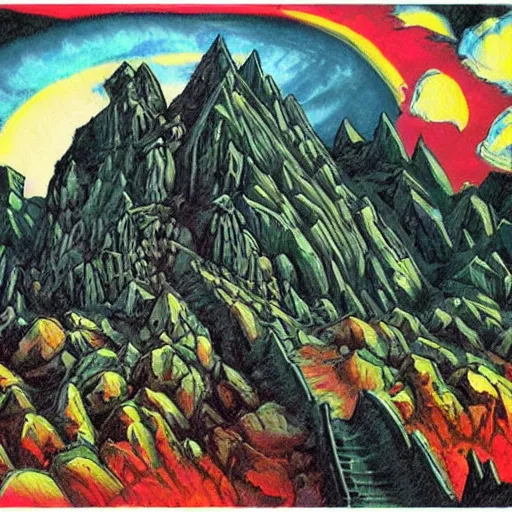 Image similar to At the top of a carved stairway of ten thousand rough hewn steps looms the ominous double mountain known only as the Iron Crag, home to the dieselpunk Dwarven megacity of Marhtlaz, by Matt Heuston and by Mike Ploog, magical fauvism, vfx