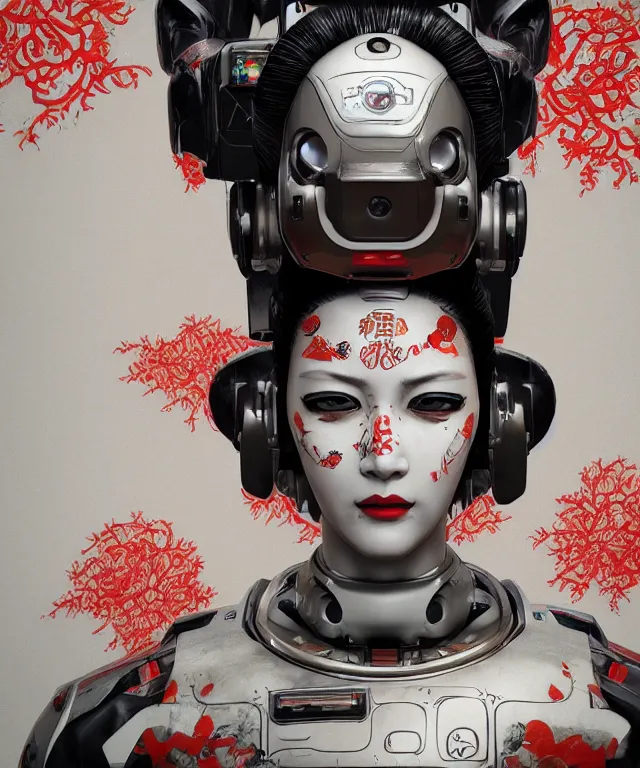 Image similar to an epic fantastic realism comic book style portrait painting of a japanese robotic geisha with kanji tattoos and decals, apex legends, octane render, intricate detail, 4 k hd, unreal engine 5, ex machina, irobot