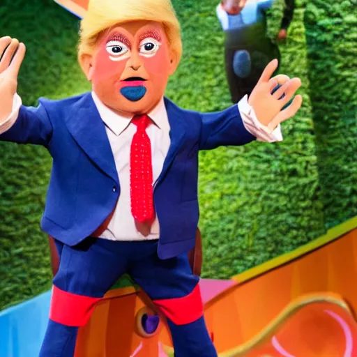 Image similar to a six year old child puppet in the its a small world ride in real life that looks exactly like donald trump, highly detailed, high definition, ultra realistic