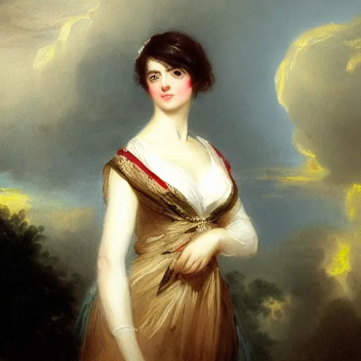 Prompt: a detailed oil painting of a beautiful Regency-era girl by Thomas Lawrence, Empire silhouette, realistic fabric