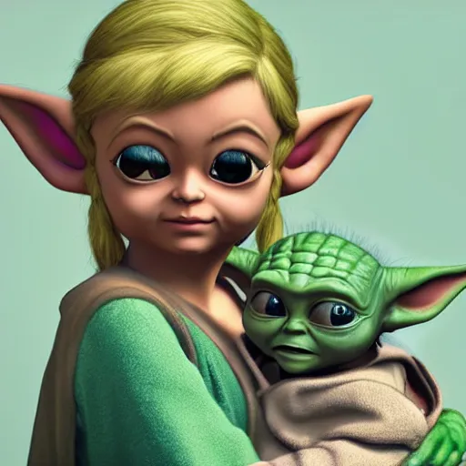 Image similar to real vintage photo, zelda the princess holding baby yoda in her arms, detailed, hyper realistic, 4 k octan render, unreal 5