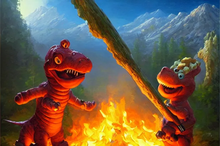 Image similar to barney the dinosaur holding a fire axe, an oil painting by ross tran and thomas kincade