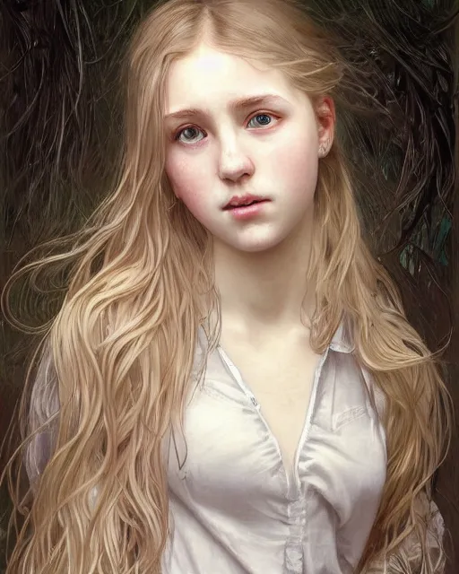 Prompt: portrait of 1 6 - year - old woman with dirty blonde hair down to her waist, pale eyebrows and protuberant silver eyes, wearing white shirt, hyper realistic face, beautiful eyes, close up, fantasy art, in the style of greg rutkowski, intricate, alphonse mucha, hyper detailed, smooth