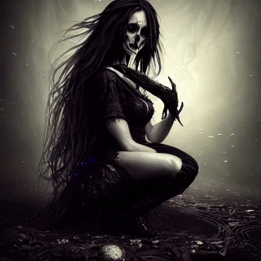 Prompt: portrait photo of a beautiful gothic girl kneeling on the floor, spiders on the floor, dark art, scary lighting, stunning scene, highly detailed, concept art, trending on artstation