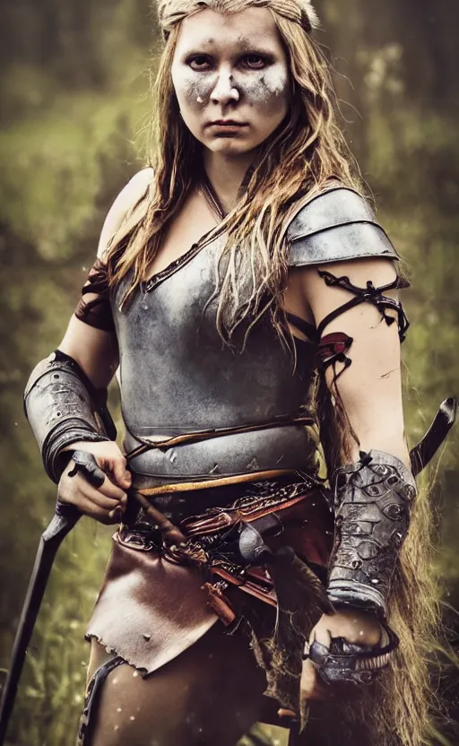 Prompt: photorealistic 3/4 photograph of beautiful female viking warrior with large sad gray eyes, bloody, cinematic, 28mm