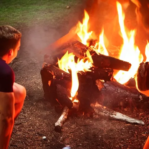 Image similar to male college gymnasts performing stunts around a campfire