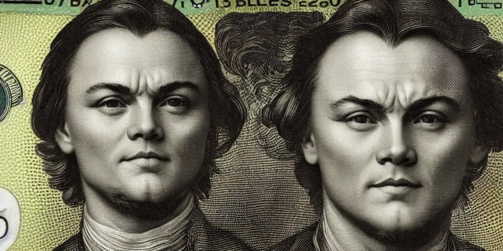 Image similar to 5 0 dollar bill with the face of leonardo di caprio, high details