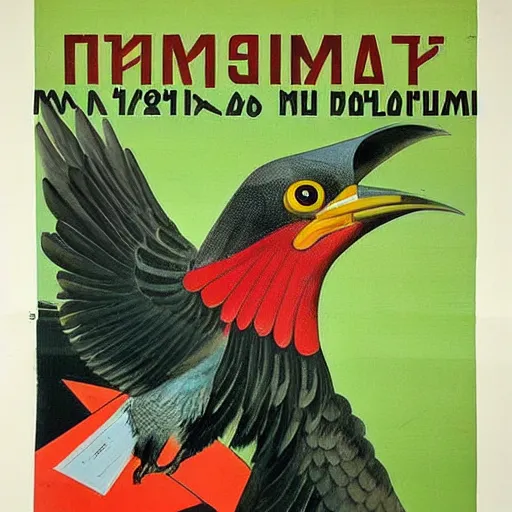 Image similar to soviet propaganda poster depicting a dromaius novaehollandiae in military uniform, painting by dmitti moor