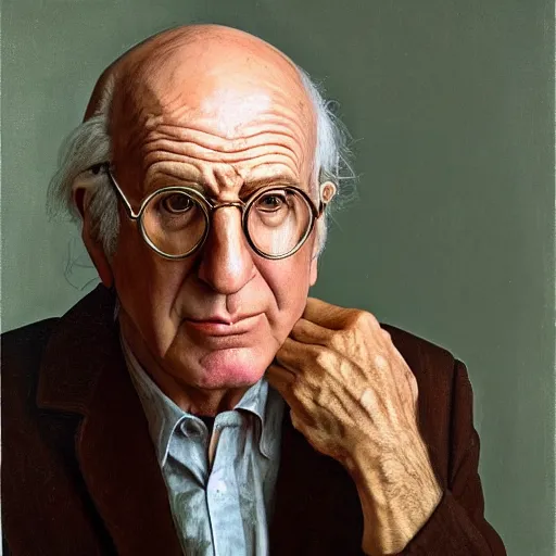 Prompt: high quality high detail painting by lucian freud, hd, exaggerated portrait of larry david, photorealistic lighting