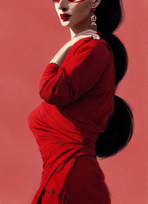 Prompt: portrait of an egyptian woman with a crooked nose and a confident expression, 1 9 6 0 s, red clothes, goth, punk, funk, intricate, elegant, highly detailed, digital painting, artstation, concept art, smooth, sharp focus, illustration, art by wlop, mars ravelo and greg rutkowski