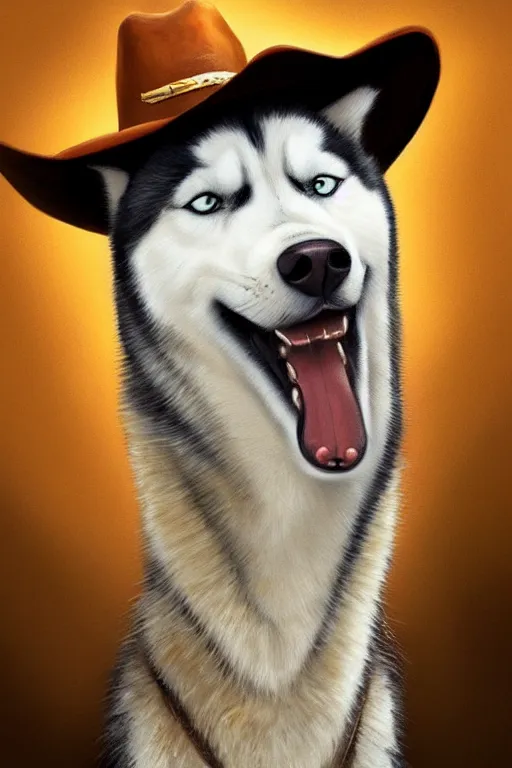 Image similar to a portrait painting of a husky in cowboy costume, wearing a cowboy hat, character design, trending on artstation