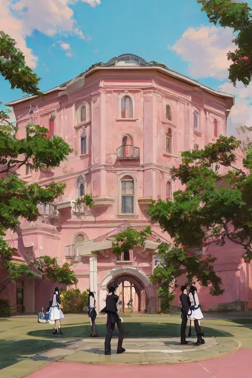 Prompt: painting of ouran highschool host club academy, front view, calm, afternoon day, roman architecture, pink marble building, dynamic lighting, landscape, bright, artwork by jeremy lipkin and giuseppe dangelico pino and michael garmash and rob rey and greg manchess and huang guangjian and makoto shinkai, pixiv, sharp edges, simple form, 1 0 0 mm