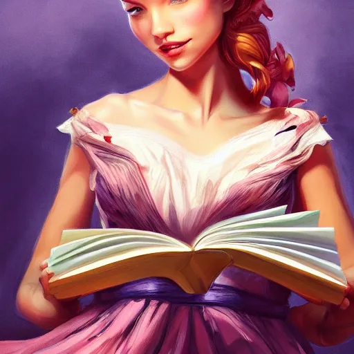 Prompt: a girl in nice dress reading a book, highly detailed, digital painting, artstation, concept art, art by artgerm and Anna Dittmann and Greg Hildebrandt