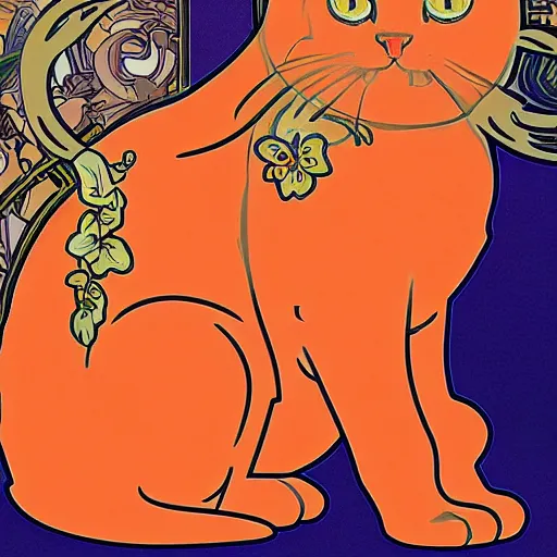 Image similar to a orange cat in virtual reality, in the style of alphonse mucha