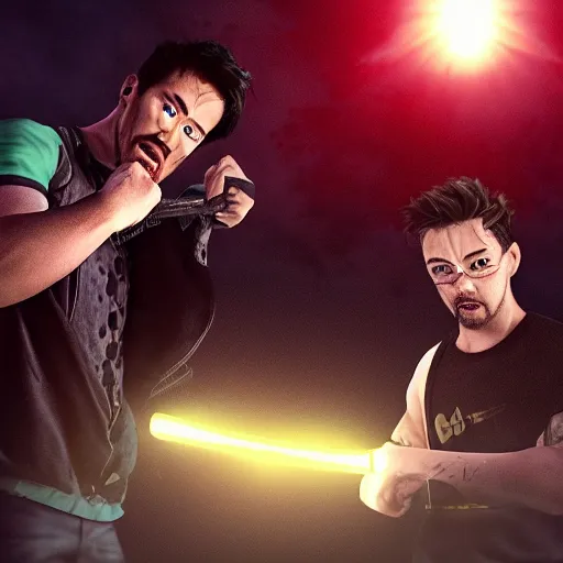 Image similar to Markiplier and Jacksepticeye fights each other with swords during a sunset, cinematic lighting, photorealistic,