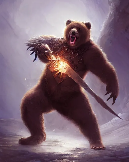 Prompt: Laughing Bear Musician, Warrior, magic the gathering artwork, D&D, fantasy, cinematic lighting, centered, symmetrical, highly detailed, digital painting, artstation, concept art, smooth, sharp focus, illustration, volumetric lighting, epic Composition, 8k, art by Akihiko Yoshida and Greg Rutkowski and Craig Mullins, oil painting, cgsociety