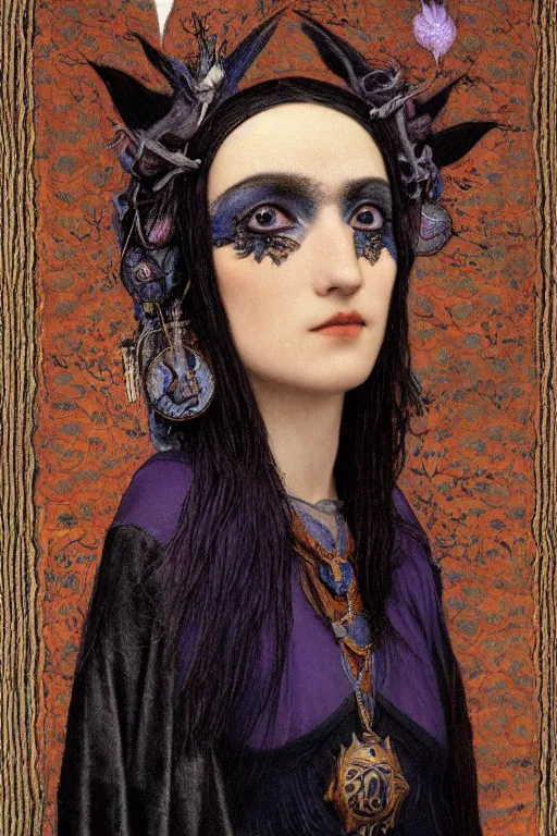 Image similar to a raven dressed as a goth shaman, by Annie Swynnerton and Nicholas Roerich and John Bauer and jean delville and John William Godward and Donato Giancola and Vermeer, black leather and embroidered velvet, iridescent beetles, rich color, dramatic cinematic lighting, featured on Artstation, extremely detailed