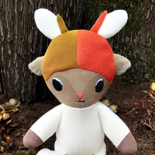 Prompt: a happy deer plush doll with forest background