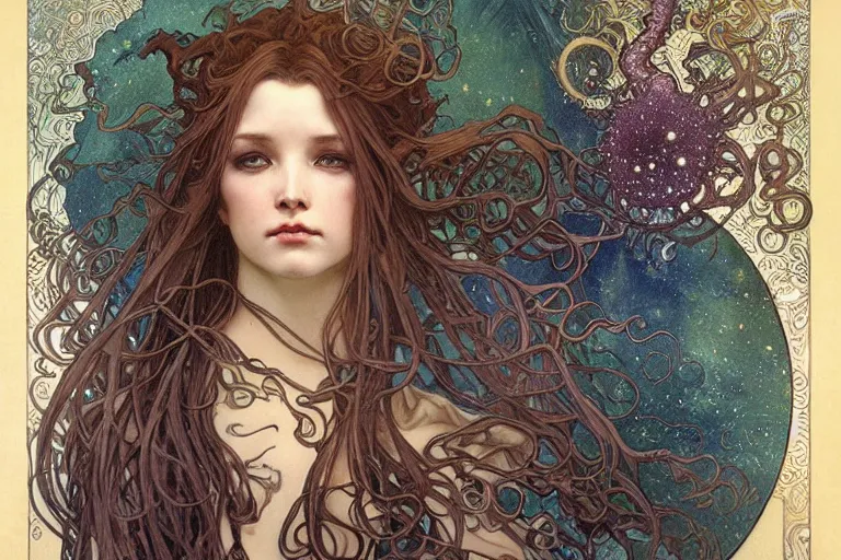 Prompt: realistic detailed face portrait of the cthulhu with a spiral nebula rising for hair by Alphonse Mucha, Ayami Kojima, Amano, Charlie Bowater, Karol Bak, Greg Hildebrandt, Jean Delville, and Mark Brooks, Art Nouveau, Neo-Gothic, gothic, rich deep moody colors
