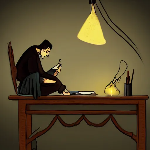 Prompt: A man sitting on a desk, writing in a journal, the only source of light is a light from a candle on the desk, gothic style, artstation digital art, trending on artstation, artstationHQ, artstationHD.