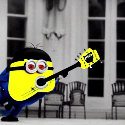 Prompt: super cute minion playing the guitar at the White House, movie still