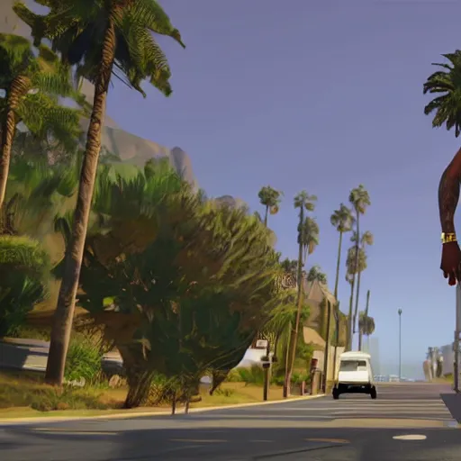 Image similar to Lebron James in GTA V . Los Santos in background, palm trees. in the art style of Stephen Bliss