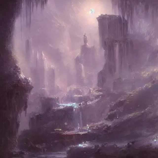 Prompt: the delicate opal palace overlooks the gentle stream. oil painting by the award - winning concept artist