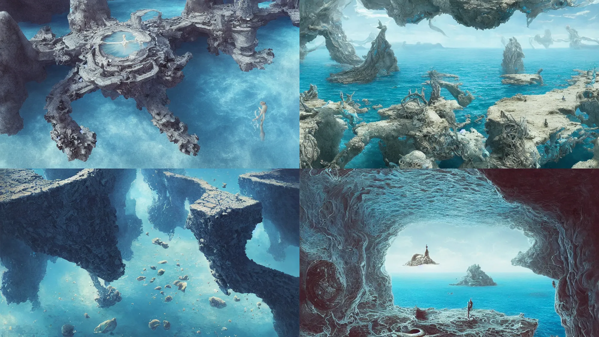 Image similar to clear blue ocean waters splitting apart to reveal ocean floor, whimsical surrealism, dream recording, 4 k, award - winning, octane render, deep - space imaging, intricate geometry, fantastical setting, eldritch space, otherwordly, art by salvador dali, by greg rutkowski