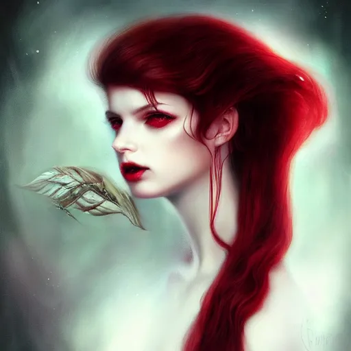 Prompt: princess of darkness, style of tom bagshaw, artgerm, james jean, piercing eyes, long glowing red hair, cinematic, highly detailed, award winning