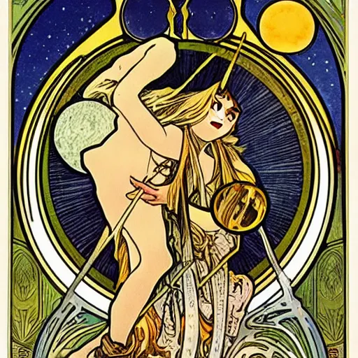 Image similar to Tarot card about solar system, Alphonse Mucha