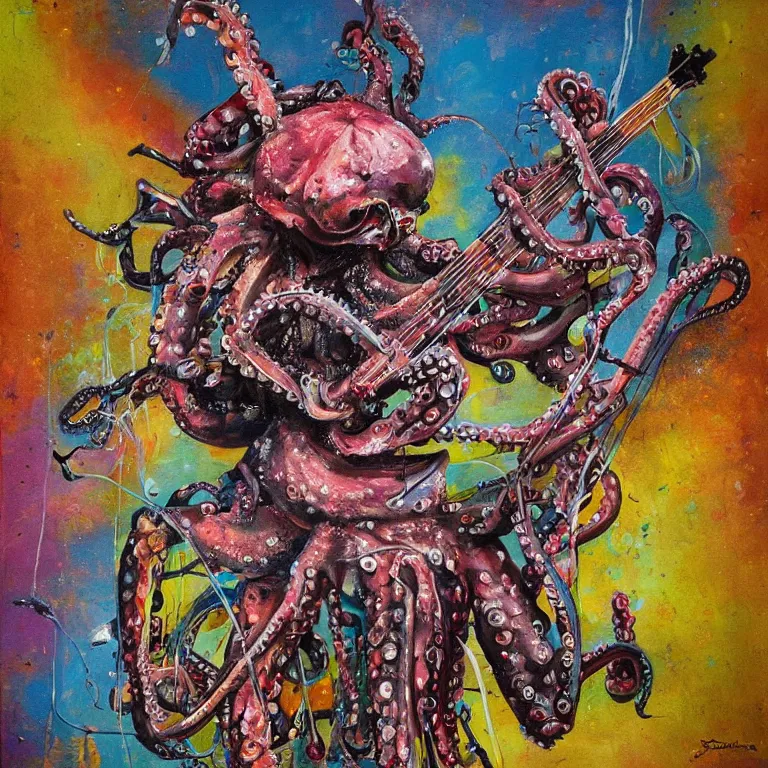 Image similar to a beautiful painting by bordalo ii of an octopus playing drums and telecaster guitar in an electronic concert, dark background, concert light, dark mood, warm lights