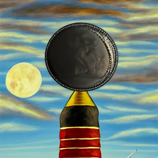 Prompt: a painting of a giant coin on top of a rocket shooting towards the moon