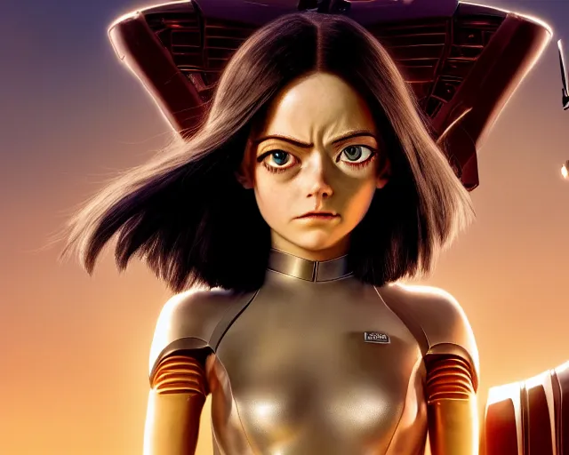 Image similar to a film still from battle angel alita played by actress emma stone, portrait, cinematic lighting, photorealistic, hyperrealistic, highly detailed, photorealistic, high resolution, 4 k