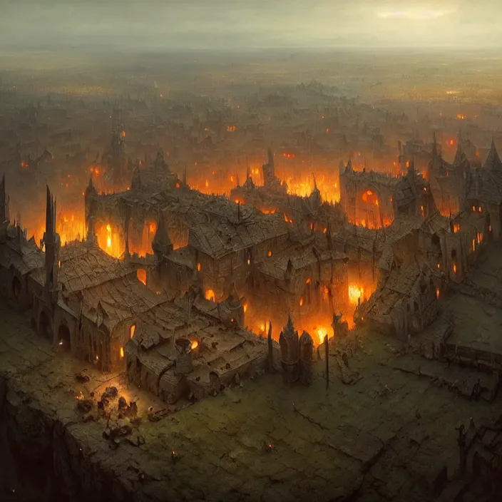 Image similar to matte painting by marc simonetti, jonathan solter, greg rutkowski of a viking battlefield, masterpiece, cinematic, hyperdetailed, photorealistic, hyperrealism, architecture, aerial view,