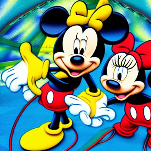 Image similar to minnie and mickey mouse raving in a warehouse highly detailed digital photograph