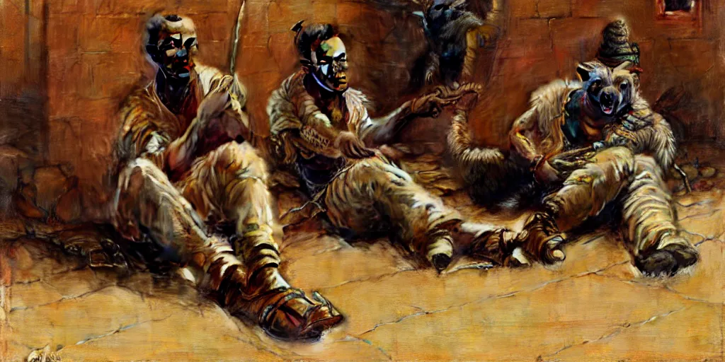 Prompt: a hyenaman wearing tshit and jeans sitting on the floor. highly detailed painting by gaston bussiere, craig mullins, j. c. leyendecker 8 k