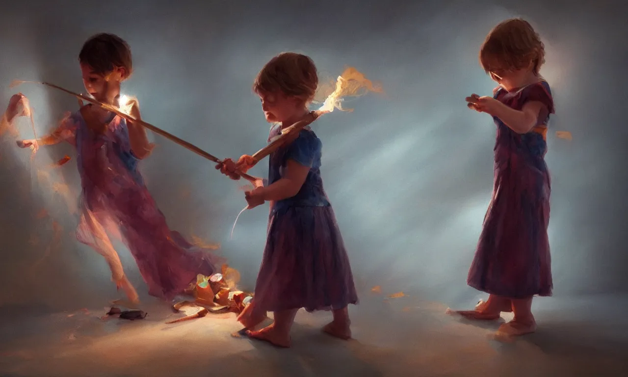 Image similar to a young child has a magic wand that can make things stop beautiful oil painting dramatic cinematic lighting