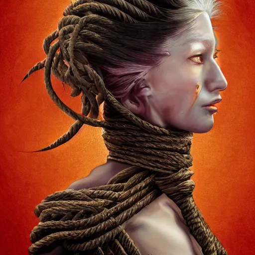 Image similar to portrait of a Shibari rope wrapped face and neck, headshot, insanely nice professional hair style, dramatic hair color, digital painting, of a old 17th century, old cyborg merchant, amber jewels, baroque, ornate clothing, scifi, realistic, hyperdetailed, chiaroscuro, concept art, art by Franz Hals and Jon Foster and Ayami Kojima and Amano and Karol Bak,