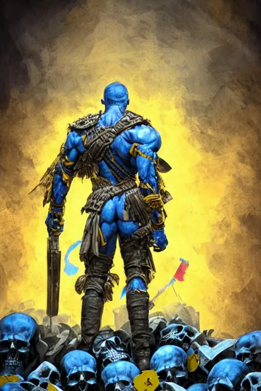 Image similar to a distant shot from behind of a Ukrainian super soldier with blue and yellow flag behind him standing alone on a huge pile of skulls as a winner, masculine muscular figure, D&D, fantasy, intricate, elegant, highly detailed, extremely detailed, digital painting, artstation, concept art, matte, smooth, sharp focus, illustration, art by Artgerm and Greg Rutkowski and Alphonse Mucha