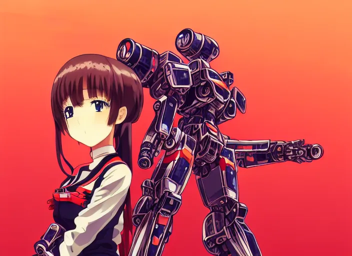 Prompt: anime girl beside her battle mecha,Karolis Strautniekas, omoide emanon, tsuruta kenji, murata range,kawaii, kyoto animation, manga, intricate, detailed, studio lighting, orange red black white, gradation,editorial illustration, matte print, Ilya Kuvshinov, fine stippling