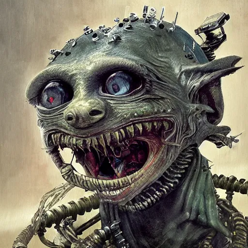 Image similar to ragged cyborg goblin with maniacal expression and bulging eyes inside byzantine hong kong hoarder labaratory, portrait by by greg rutkowski and h. r. giger and stalenhag and deak ferrand, studio ghibli composition