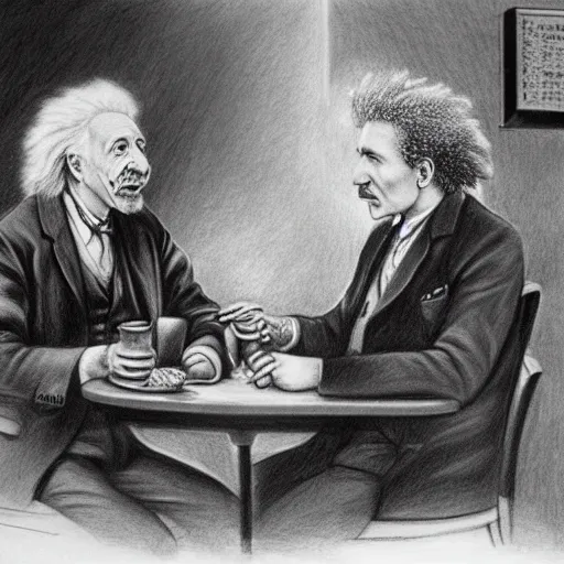 Image similar to Einstein and Tesla sitting at cafe, pencil drawing, ultra detailed