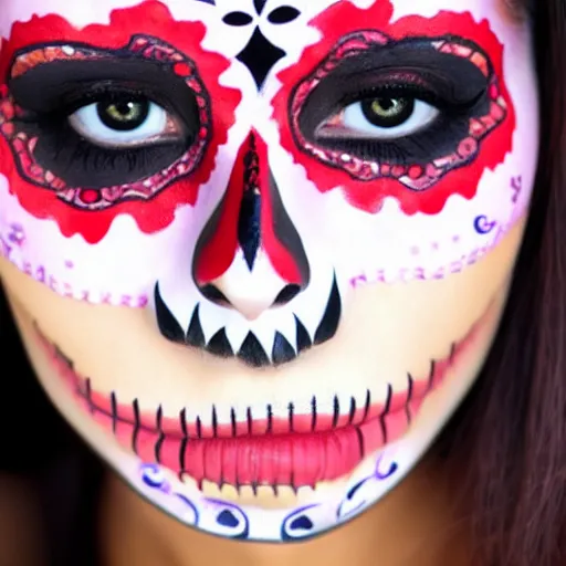 Prompt: an extreme close up photo of a attractive, alluring, beautiful, gorgeous, Mexican female, in her early 20s, wearing sugar skull make up