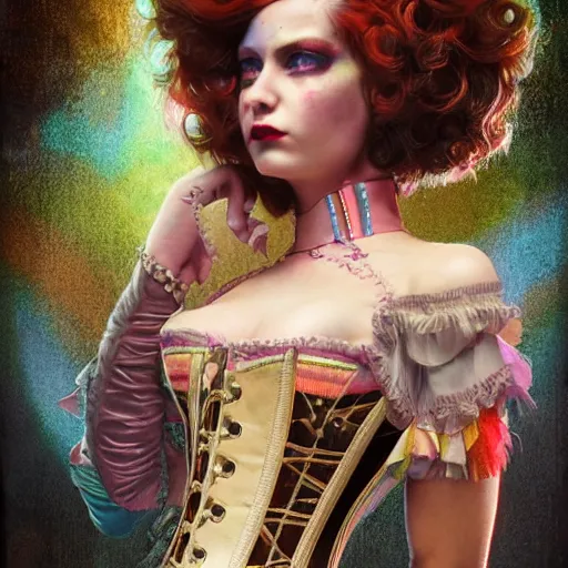 Prompt: photorealistic render of a curiosities carnival, single young beautiful dollpunk posing in a full steampunk corset, cyberpunk dyed haircut, looking at camera, symmetry accurate features, focus, rainbow lighting, very intricate details, award winning masterpiece, by tom bagshaw