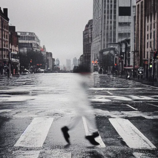 Image similar to a photograph of a man running down the street wearing a hat on a rainy day on expired kodak film, 3 5 mm